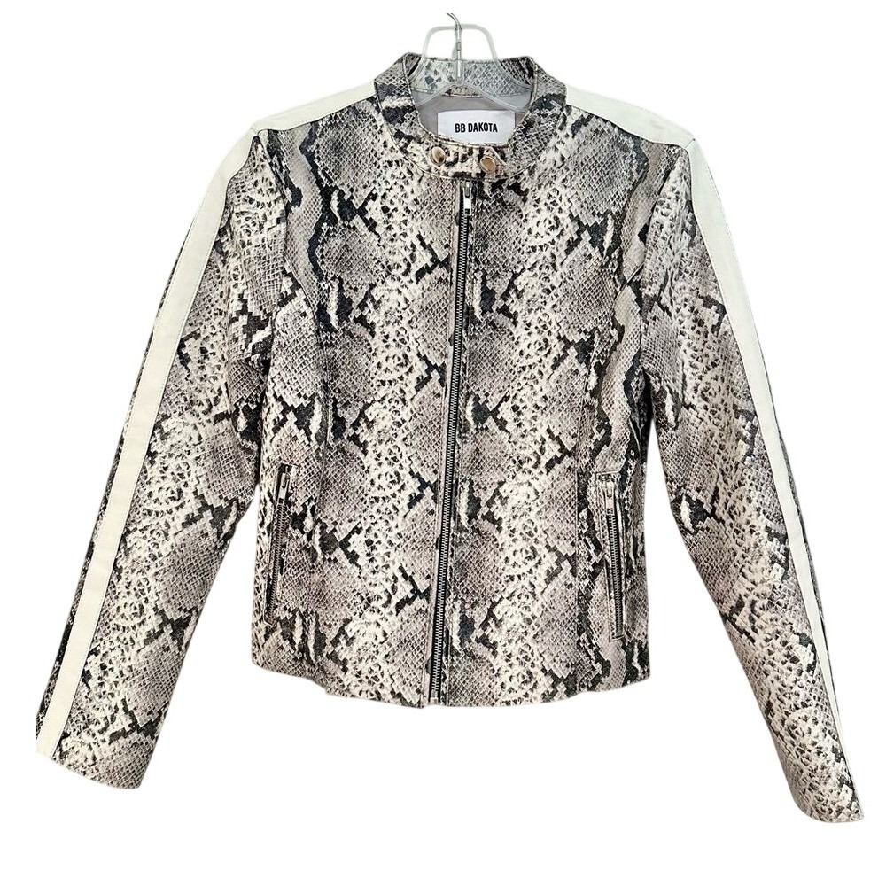 BB Dakota Moto Jacket Women XS Grey Snakeskin Faux Leather Biker Streetwear Edgy